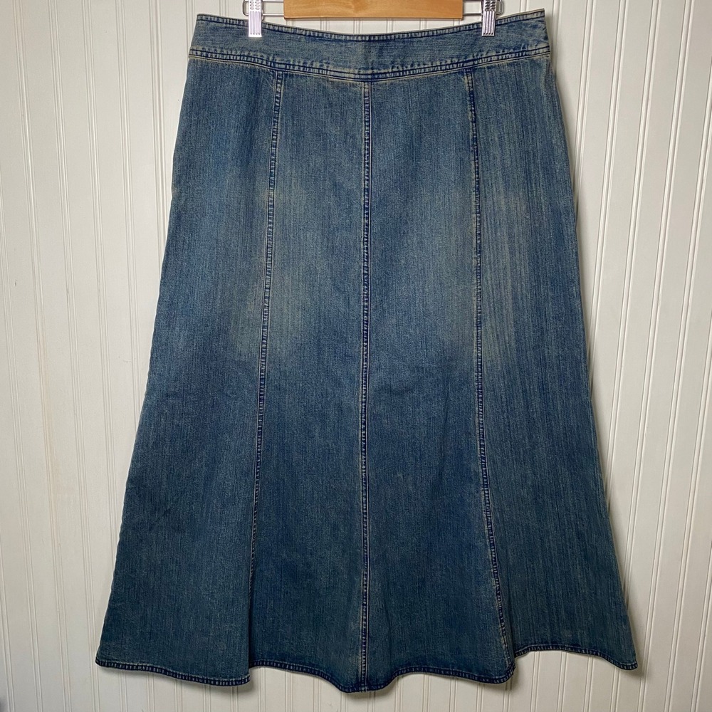 VTG Liz Claiborne Cottagecore Denim Paneled Maxi Skirt Western Prairie Cotton - Picture 5 of 10
